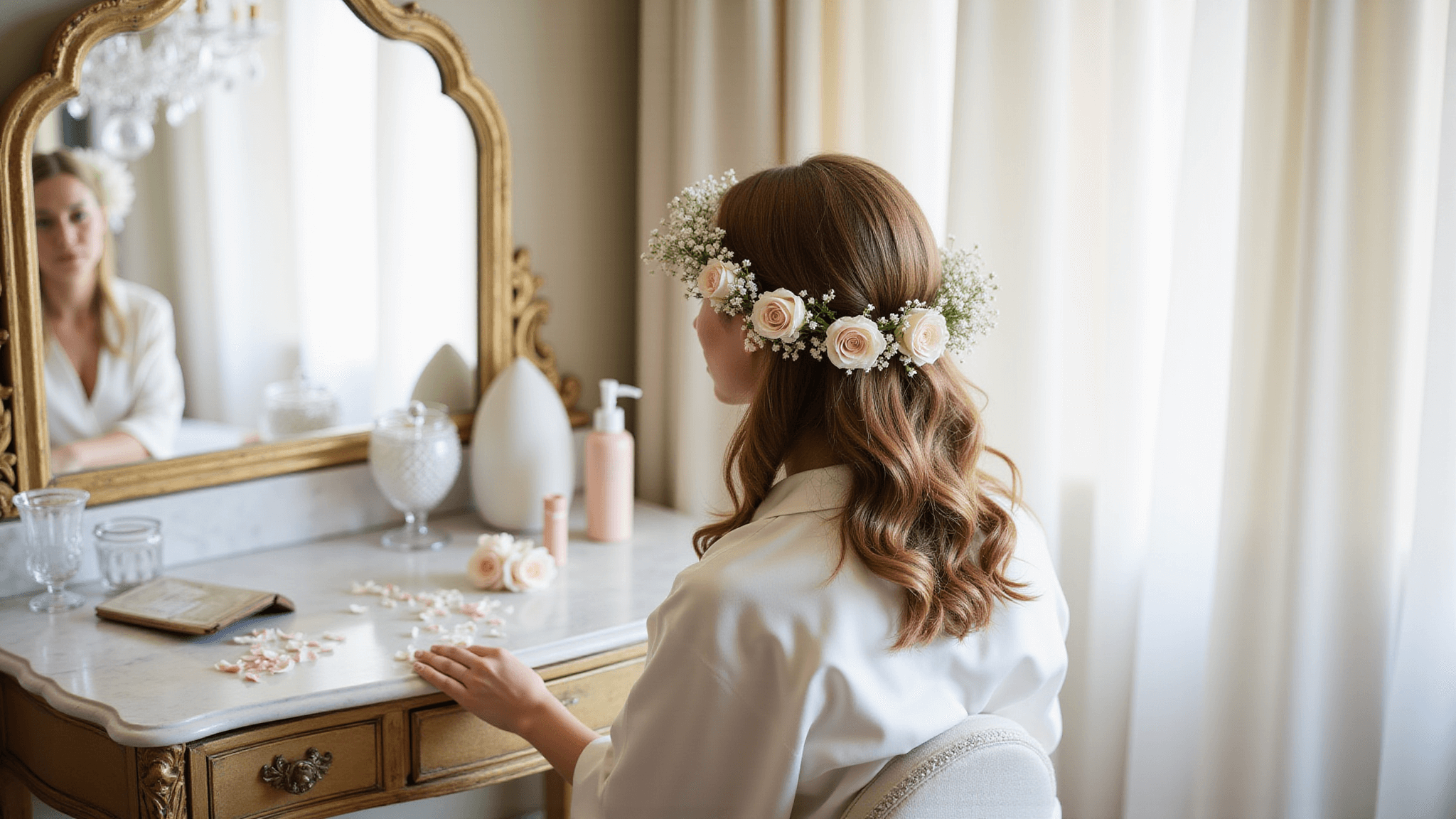 A bride in an ivory silk robe sits at a marble vanity adorned with a flower crown, surrounded by styling tools and rose petals, illuminated by soft morning light in a luxurious hotel suite.