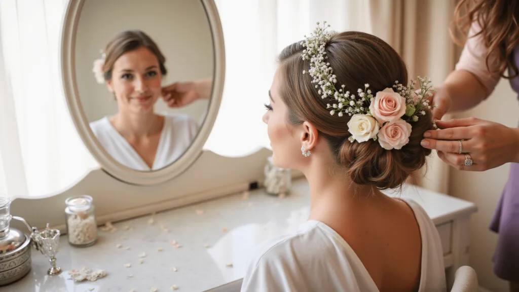 Bride having her hair styled with fresh roses and pearls at a sunlit vanity, reflected in an ornate mirror; soft-focus floral details captured with a cinematic touch.