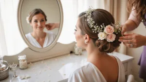 Bride having her hair styled with fresh roses and pearls at a sunlit vanity, reflected in an ornate mirror; soft-focus floral details captured with a cinematic touch.
