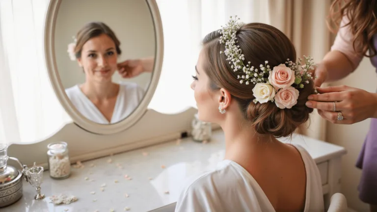 Bride having her hair styled with fresh roses and pearls at a sunlit vanity, reflected in an ornate mirror; soft-focus floral details captured with a cinematic touch.