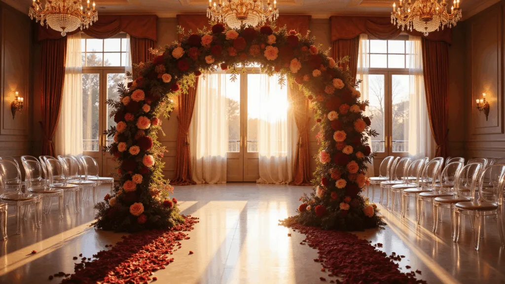 Luxurious wedding ceremony set at golden hour featuring a dramatic burgundy floral arch, crystal chandeliers reflecting on marble floors, ghost chairs lining a pearl-white aisle with scattered rose petals, and warm amber light filtering through floor-to-ceiling windows.