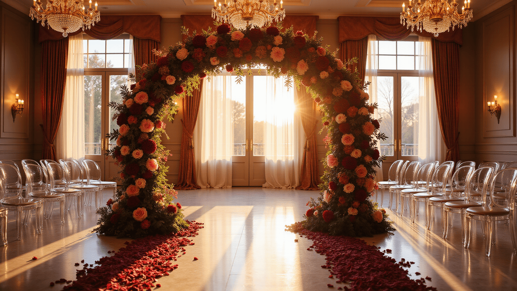 Luxurious wedding ceremony set at golden hour featuring a dramatic burgundy floral arch, crystal chandeliers reflecting on marble floors, ghost chairs lining a pearl-white aisle with scattered rose petals, and warm amber light filtering through floor-to-ceiling windows.