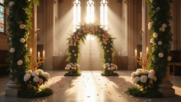 A photorealistic and cinematic interior of a grand cathedral during golden hour, featuring a dramatic floral arch with white peonies, blush roses, and ivy, with sunlight streaming through stained glass windows casting ethereal light patterns. The aisle is adorned with organic flower arrangements in crystal vessels, rose petals on the floor, vintage brass candelabras, and columns wrapped in greenery and fairy lights.