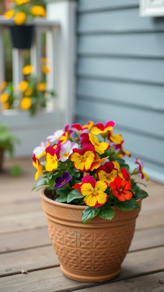 50 Stunning Flower Phone Wallpapers to Brighten Your Screen Colorful pansies in a terracotta pot on a wooden surface.