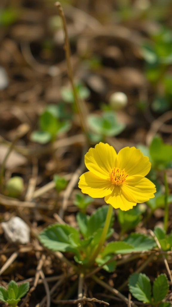 50 Stunning Flower Phone Wallpapers to Brighten Your Screen Bright yellow primrose flower blooming among green leaves and brown earth.