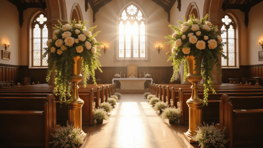 A beautifully illuminated church altar during golden hour, with sunlight filtering through Gothic stained glass windows. The altar is adorned with ultra-detailed floral arrangements on tall brass pedestals, featuring cascading white garden roses, ivory hydrangeas, and trailing English ivy. Rich mahogany pews are lined with baby's breath and champagne silk ribbon bouquets. The scene is captured in a warm amber and cream color palette with soft shadows highlighting the stone walls and carved wood details, emphasizing the dramatic architecture and rich textures.