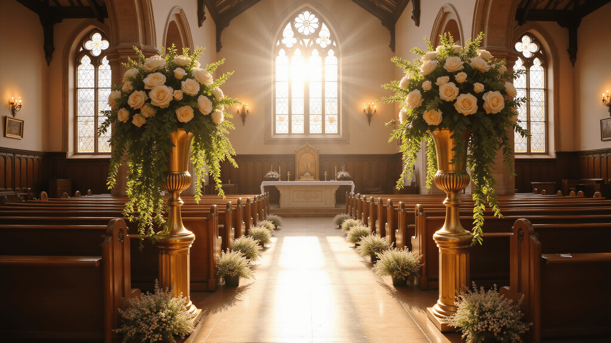A beautifully illuminated church altar during golden hour, with sunlight filtering through Gothic stained glass windows. The altar is adorned with ultra-detailed floral arrangements on tall brass pedestals, featuring cascading white garden roses, ivory hydrangeas, and trailing English ivy. Rich mahogany pews are lined with baby's breath and champagne silk ribbon bouquets. The scene is captured in a warm amber and cream color palette with soft shadows highlighting the stone walls and carved wood details, emphasizing the dramatic architecture and rich textures.