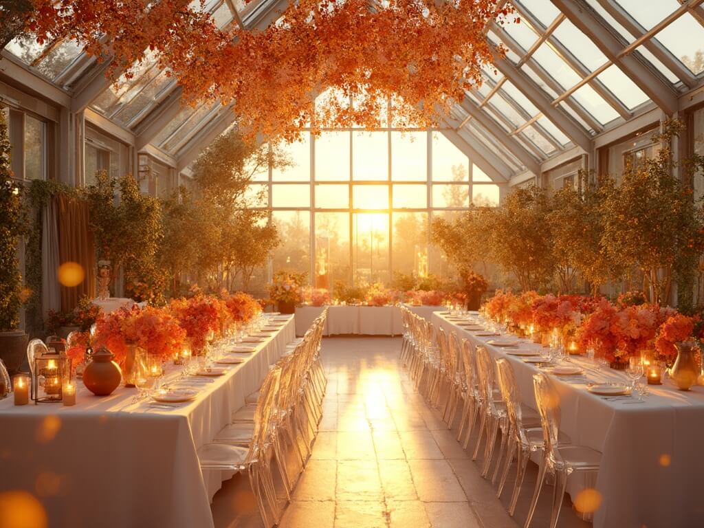 A luxurious greenhouse wedding reception bathed in golden sunset light, featuring modern acrylic ghost chairs, white farmhouse tables with terracotta vessels of citrus fruits and floral arrangements, brass lanterns with orange candles, and a dramatic ceiling display of dried orange slices and fairy lights, surrounded by potted citrus trees.