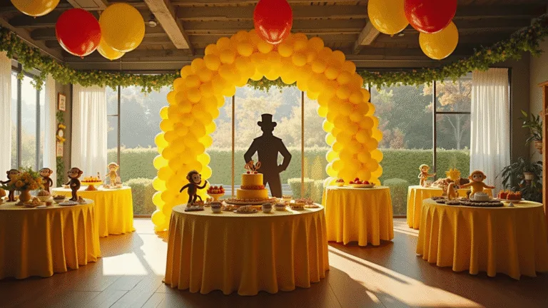 A vibrant indoor birthday party scene featuring a grand yellow and red balloon arch, round tables with yellow linens and monkey topiary centerpieces, a towering birthday cake, banana-themed treats, and a collage of Curious George book pages, all illuminated by natural sunlight.