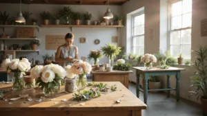 A sunlit loft workspace with vintage wooden workstations adorned with white roses, blush peonies, and eucalyptus, surrounded by floral tools and accessories, bathed in warm natural light from large windows.