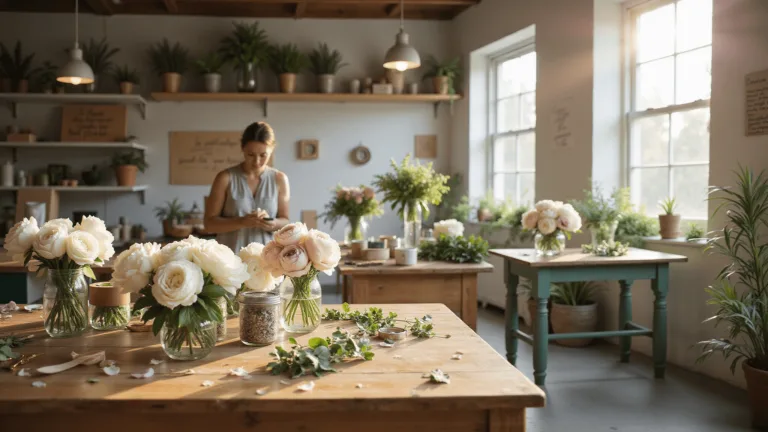A sunlit loft workspace with vintage wooden workstations adorned with white roses, blush peonies, and eucalyptus, surrounded by floral tools and accessories, bathed in warm natural light from large windows.