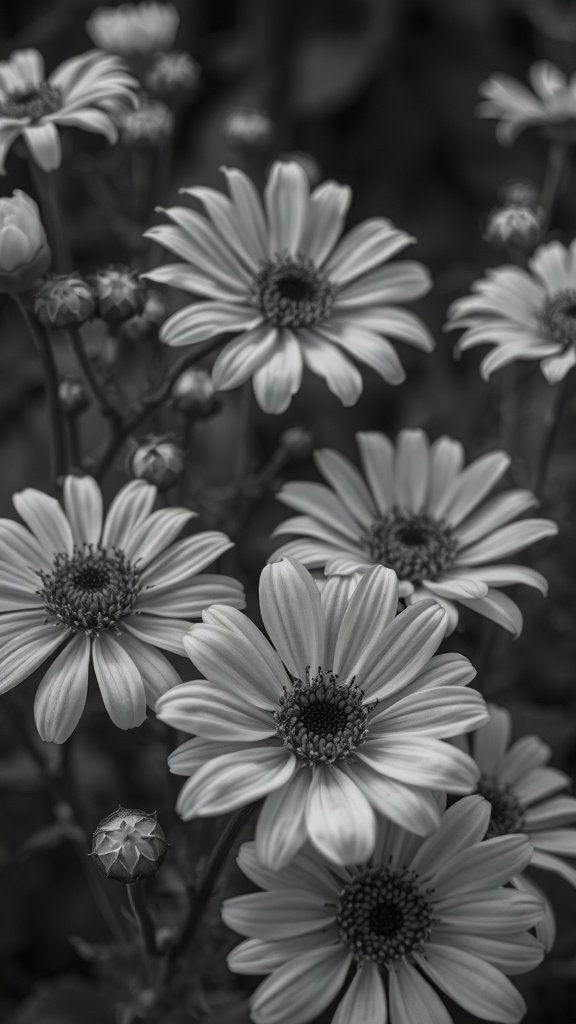 50 Stunning Flower Phone Wallpapers to Brighten Your Screen Black and white photo of flowers with detailed petals and buds