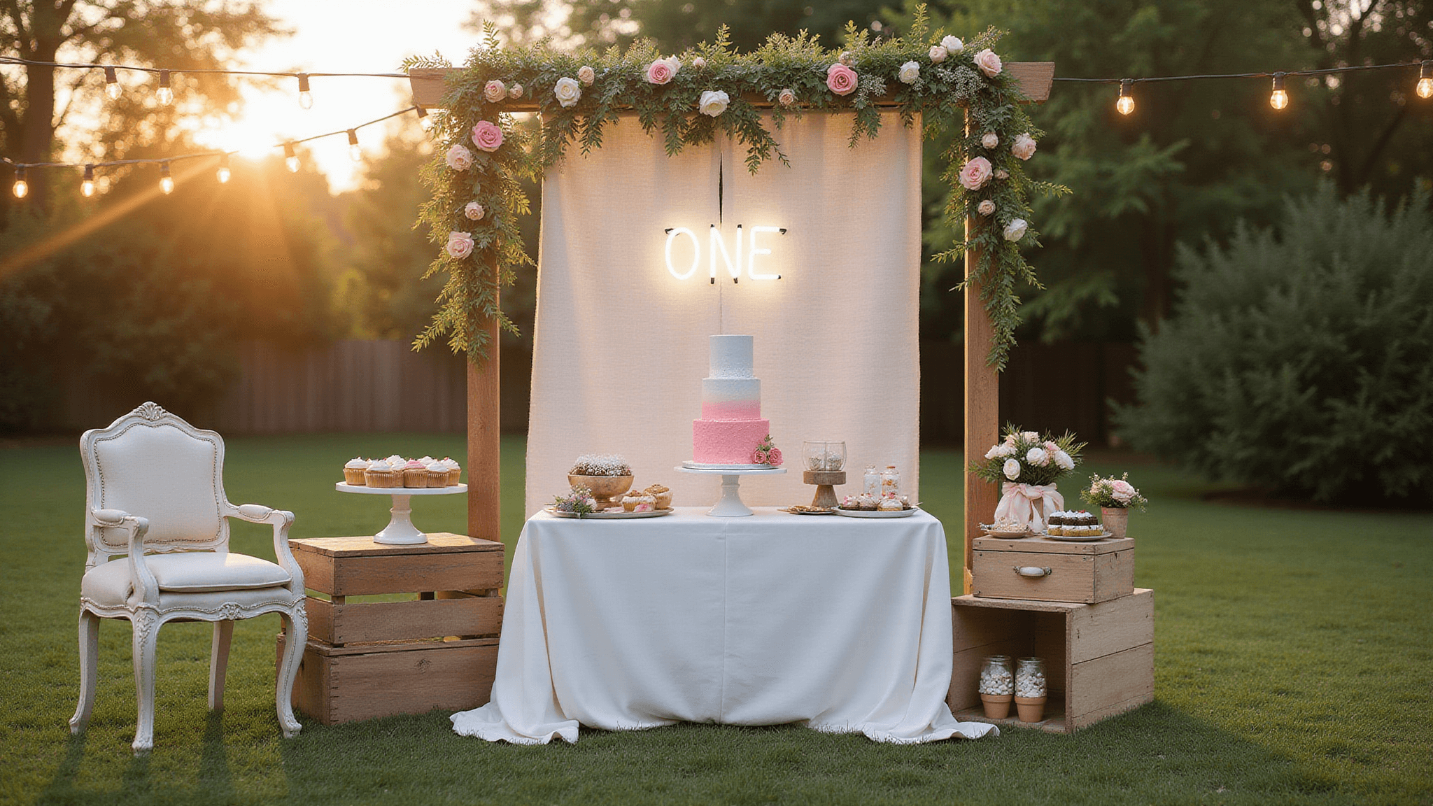 A dreamy backyard first birthday celebration featuring a pastel pink ombré cake on an elegant dessert table, surrounded by vintage wooden crates of cupcakes, a neon "ONE" sign, and an antique high chair, all under soft, warm golden hour light with string lights creating a bokeh effect.