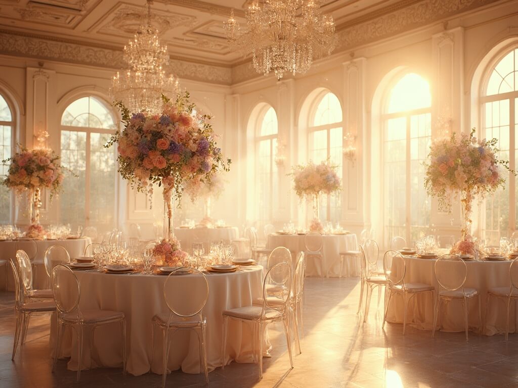 A wide-angle view of a luxurious ballroom wedding reception at golden hour, featuring elegant decor with sunlight streaming through large windows.
