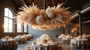 Photorealistic image of a grand industrial loft wedding venue at golden hour, featuring a suspended dried flower cloud installation with pampas grass, bleached lunaria, and preserved hydrangeas, illuminated by dramatic side lighting through factory windows, casting shadows on exposed brick walls and wooden beams, with intimate farmhouse tables adorned with natural linen runners and vintage brass candlesticks.