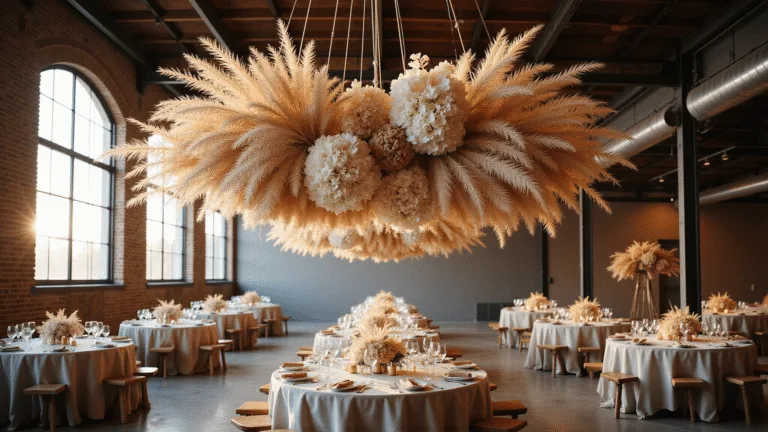 Photorealistic image of a grand industrial loft wedding venue at golden hour, featuring a suspended dried flower cloud installation with pampas grass, bleached lunaria, and preserved hydrangeas, illuminated by dramatic side lighting through factory windows, casting shadows on exposed brick walls and wooden beams, with intimate farmhouse tables adorned with natural linen runners and vintage brass candlesticks.