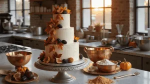 Photorealistic image of an elegant three-tiered autumn wedding cake with textured ivory buttercream, surrounded by seasonal ingredients and baking tools in a warm, sunlit bakery kitchen.