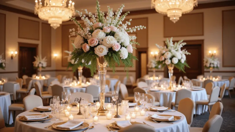 Elegant ballroom wedding centerpiece with seasonal blooms featuring blush peonies, white garden roses, and sweet peas in a crystal vase, surrounded by greenery, with gold-rimmed table settings and candlelight ambiance.