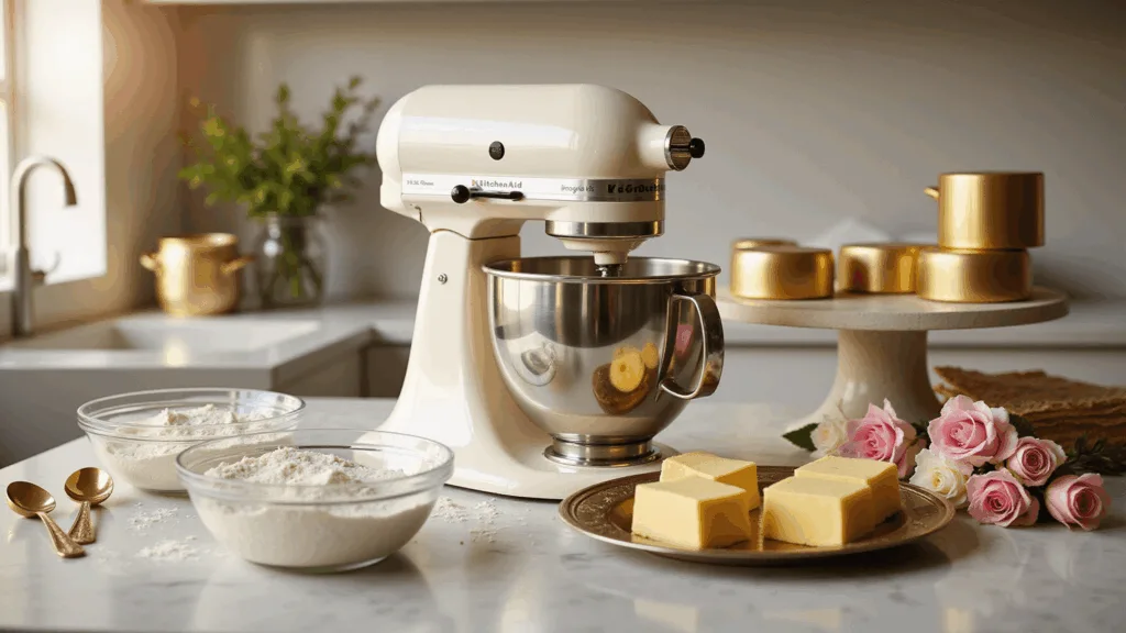 Photorealistic image of a sunlit modern kitchen featuring a white KitchenAid stand mixer, neatly arranged baking ingredients, and elegant cake preparation elements, all captured in warm, inviting lighting with a shallow depth of field.
