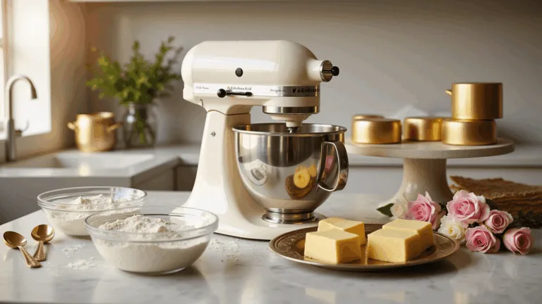 Photorealistic image of a sunlit modern kitchen featuring a white KitchenAid stand mixer, neatly arranged baking ingredients, and elegant cake preparation elements, all captured in warm, inviting lighting with a shallow depth of field.