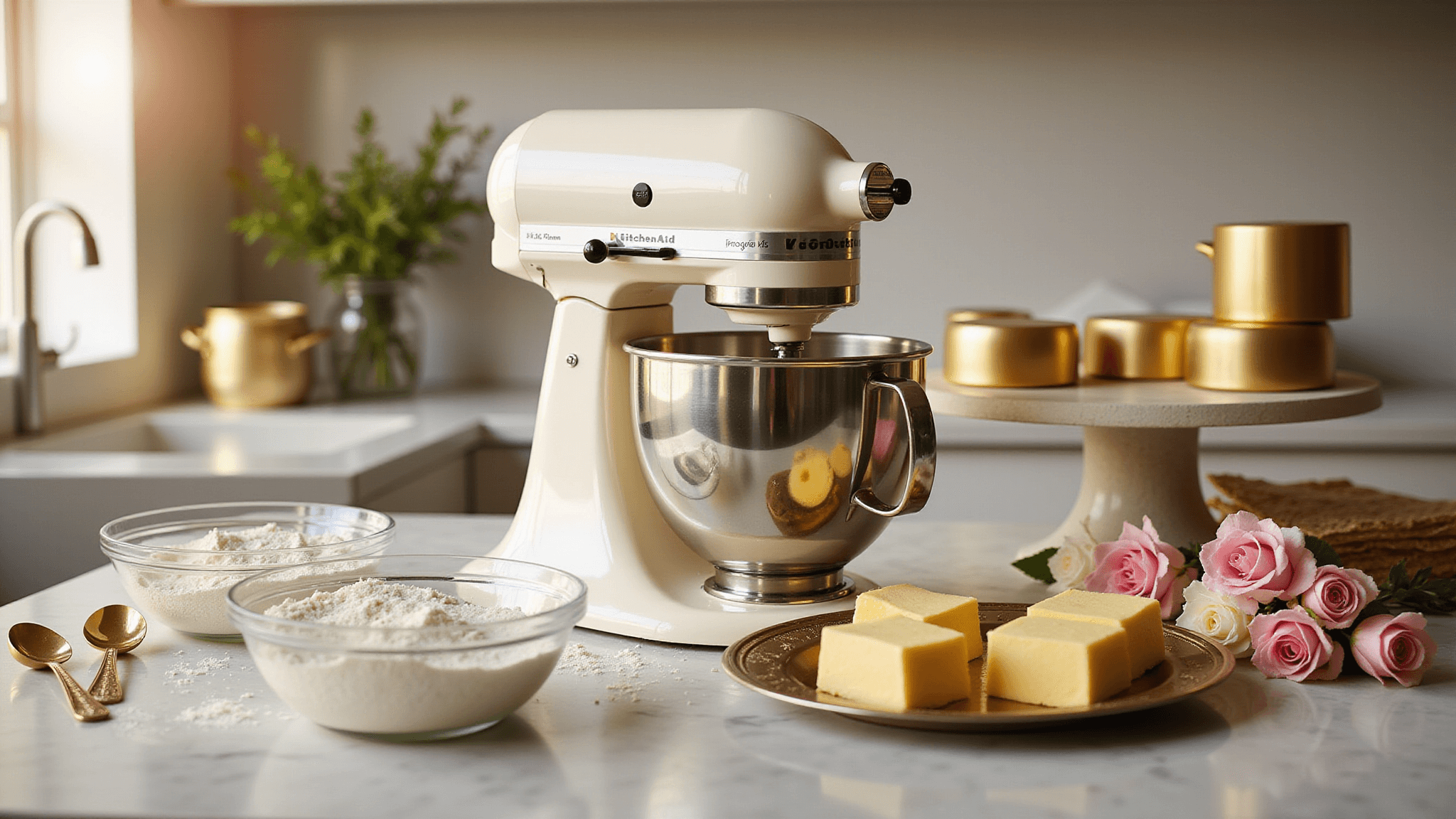 Photorealistic image of a sunlit modern kitchen featuring a white KitchenAid stand mixer, neatly arranged baking ingredients, and elegant cake preparation elements, all captured in warm, inviting lighting with a shallow depth of field.