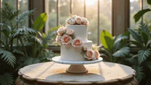 Photorealistic three-tiered wedding cake adorned with fresh blush pink and cream roses and peonies, set in a Victorian glass conservatory during golden hour with natural light streaming through ornate windows. The cake, on a marble pedestal atop an antique table with champagne silk linens, is framed by lush tropical plants and ferns, featuring sugar pearl details and soft highlights, captured in a shallow depth of field.
