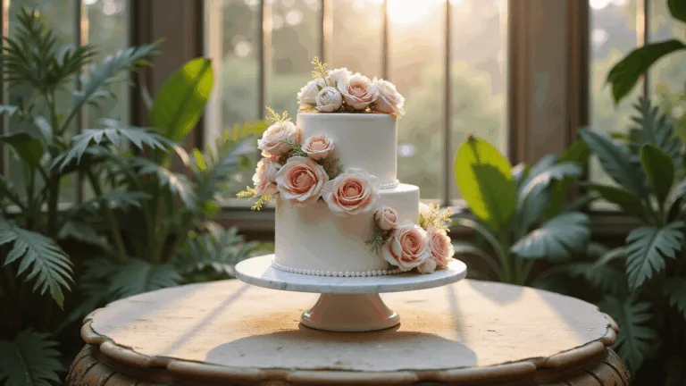 Photorealistic three-tiered wedding cake adorned with fresh blush pink and cream roses and peonies, set in a Victorian glass conservatory during golden hour with natural light streaming through ornate windows. The cake, on a marble pedestal atop an antique table with champagne silk linens, is framed by lush tropical plants and ferns, featuring sugar pearl details and soft highlights, captured in a shallow depth of field.