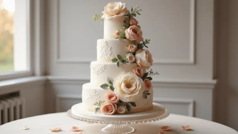 A photorealistic, ultra-detailed 4-tier white wedding cake with cascading blush pink, ivory, and cream peony and garden roses, set against a soft-focus backdrop, featuring sugar-pearled fondant, lace piping, and subtle gold leaf accents, with fresh eucalyptus and dusty miller foliage, on a crystal cake stand.