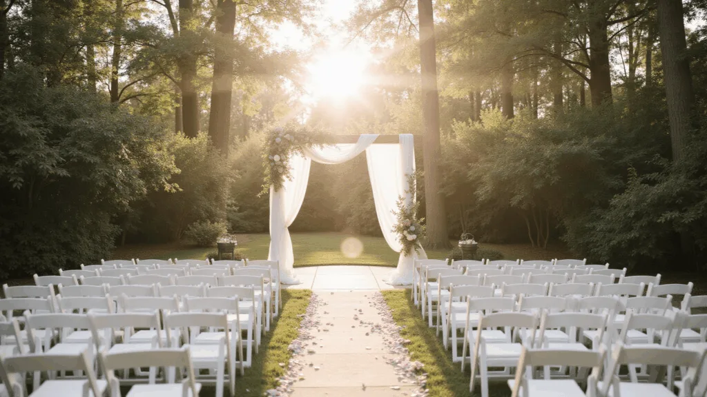 A wide-angle shot of a sunlit garden wedding ceremony setup featuring minimalist white wooden chairs, a delicate white fabric arch with eucalyptus garlands, and rose petals lining the aisle, all enveloped in warm golden light.