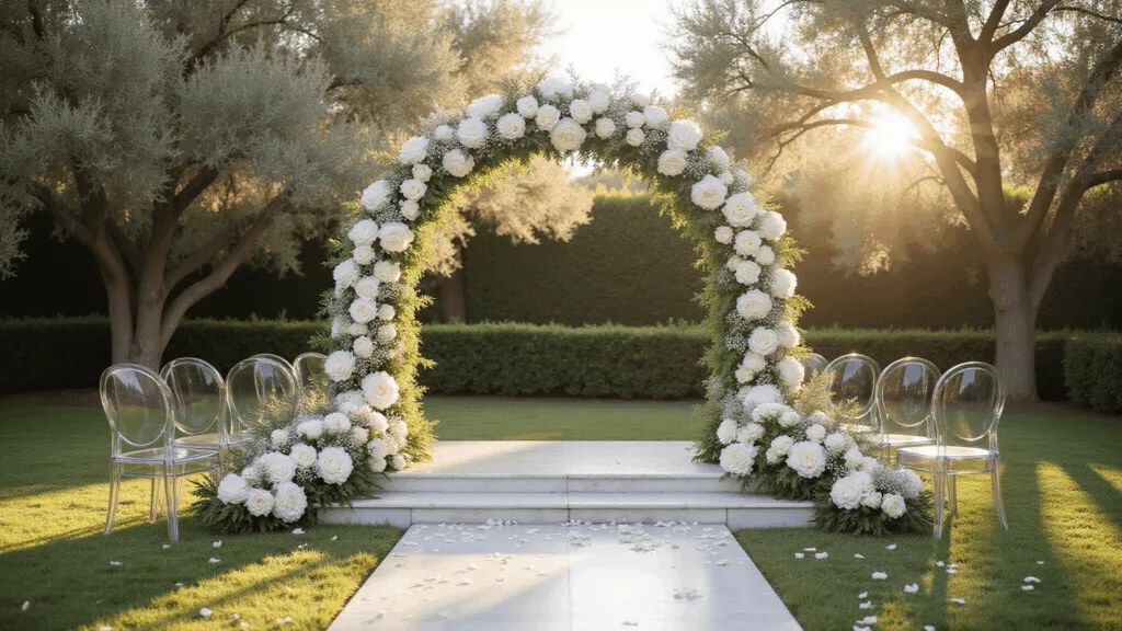 Photorealistic wedding ceremony setup featuring an elegant 8-foot floral arch of white peonies and garden roses, ghost chairs with baby's breath, a marble platform, and manicured olive trees, all illuminated by warm golden hour light with soft bokeh, captured with cinematic color grading and a professional photography style.