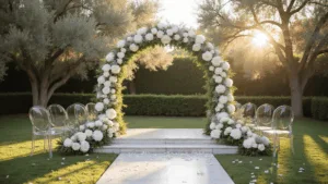 Photorealistic wedding ceremony setup featuring an elegant 8-foot floral arch of white peonies and garden roses, ghost chairs with baby's breath, a marble platform, and manicured olive trees, all illuminated by warm golden hour light with soft bokeh, captured with cinematic color grading and a professional photography style.
