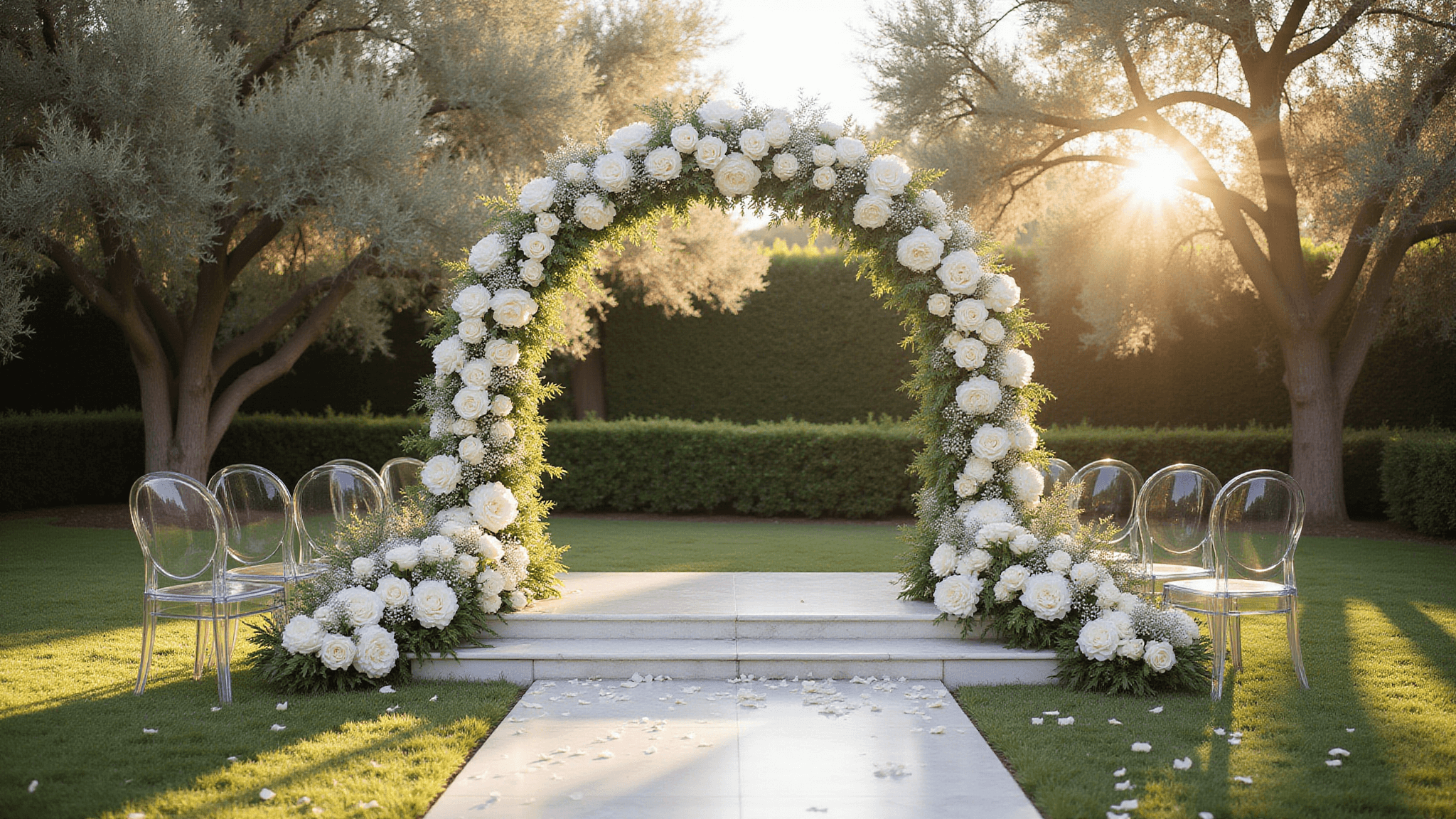 Photorealistic wedding ceremony setup featuring an elegant 8-foot floral arch of white peonies and garden roses, ghost chairs with baby's breath, a marble platform, and manicured olive trees, all illuminated by warm golden hour light with soft bokeh, captured with cinematic color grading and a professional photography style.