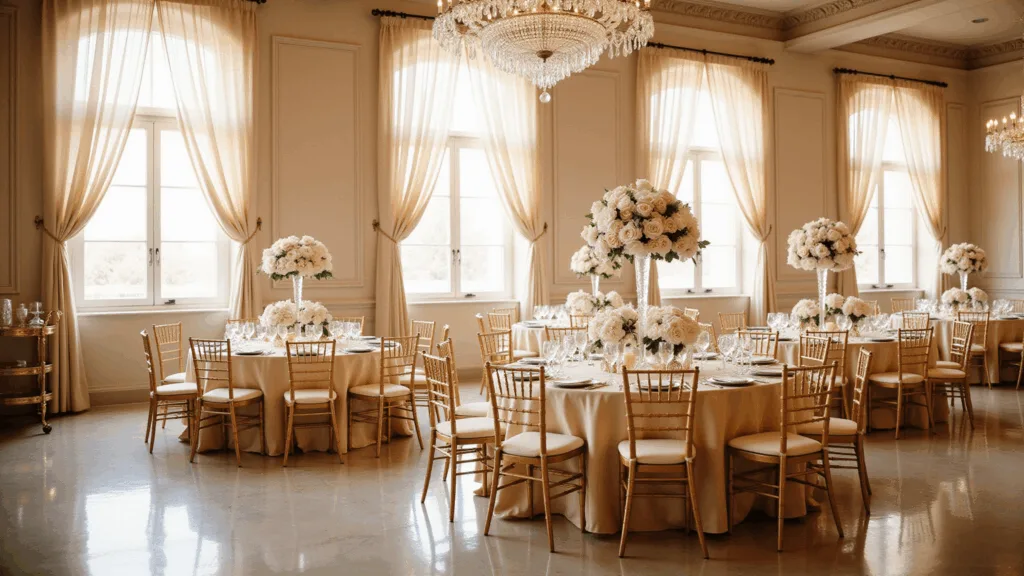 A grand ballroom at golden hour, featuring champagne silk linens on round tables, crystal centerpieces with white orchids and blush roses, gilt Chiavari chairs, a magnificent crystal chandelier, and a vintage brass champagne cart, all bathed in warm natural light.