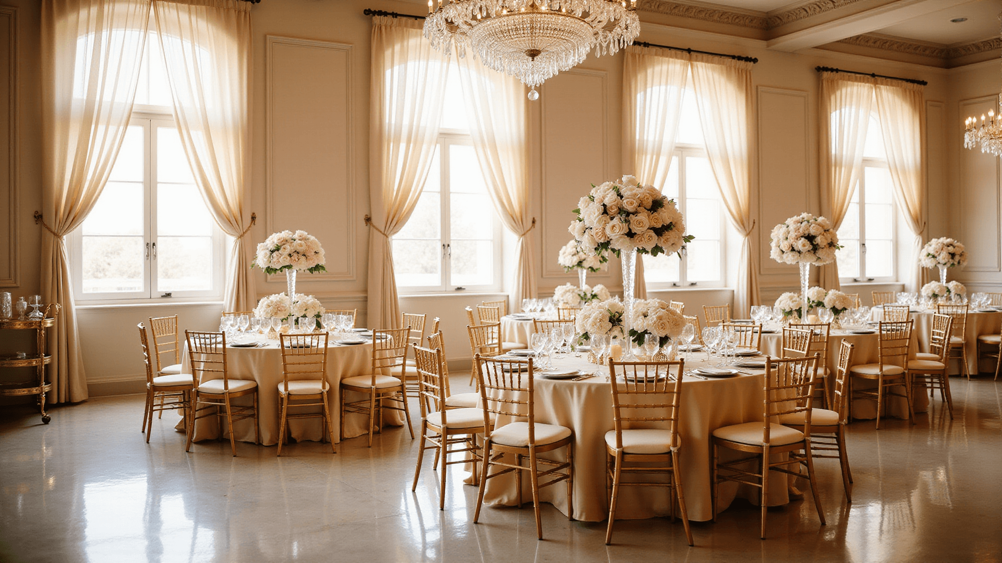 A grand ballroom at golden hour, featuring champagne silk linens on round tables, crystal centerpieces with white orchids and blush roses, gilt Chiavari chairs, a magnificent crystal chandelier, and a vintage brass champagne cart, all bathed in warm natural light.