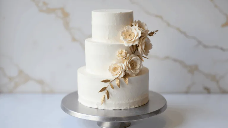 A photorealistic three-tiered white birthday cake on a brushed silver stand against a pale marble backdrop, featuring smooth meringue buttercream, delicate sugar flowers in ivory and blush, and minimal gold leaf accents, with professional lighting and styling.