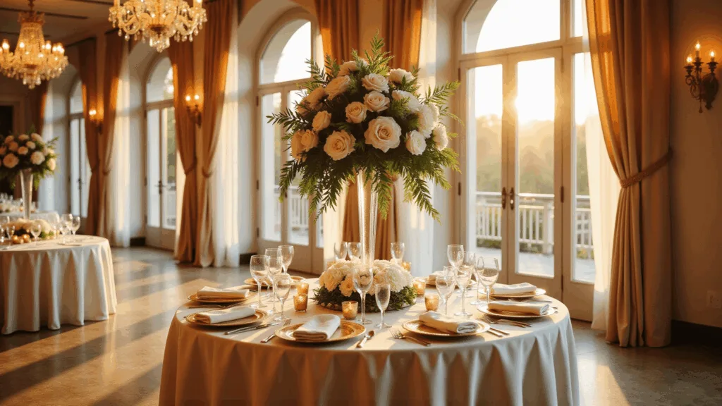 A luxurious wedding reception table in a grand ballroom, featuring a lush floral centerpiece of white garden roses and peonies in a tall crystal vase, set with gold-rimmed plates and crystal stemware, illuminated by warm ambient lighting and natural sunlight, captured with a shallow depth of field.
