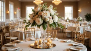 Stunning Wedding Flower Centerpieces: Your Ultimate Guide to Breathtaking Reception Decor A hyperrealistic photograph of an elegant wedding centerpiece during golden hour, featuring a tall crystal vase with white peonies, blush garden roses, and cascading orchids on an ivory silk tablecloth with mercury glass votives, gold Chiavari chairs, and sparkling crystal chandeliers in a ballroom.