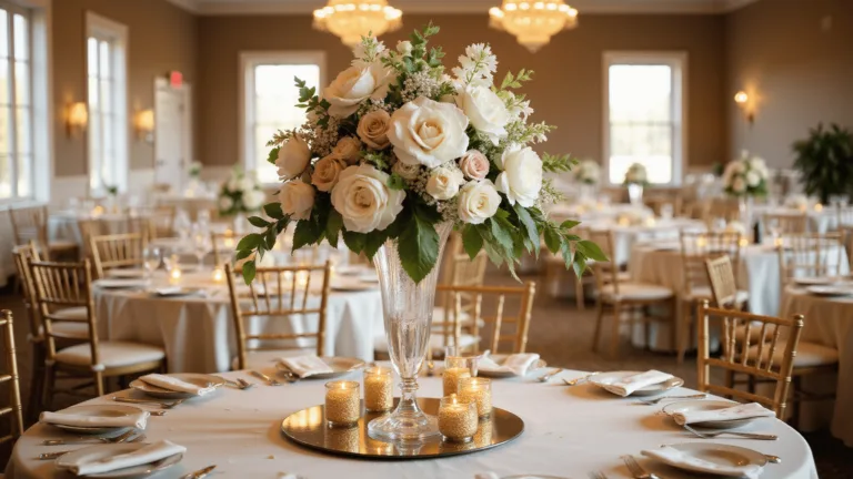 A hyperrealistic photograph of an elegant wedding centerpiece during golden hour, featuring a tall crystal vase with white peonies, blush garden roses, and cascading orchids on an ivory silk tablecloth with mercury glass votives, gold Chiavari chairs, and sparkling crystal chandeliers in a ballroom.