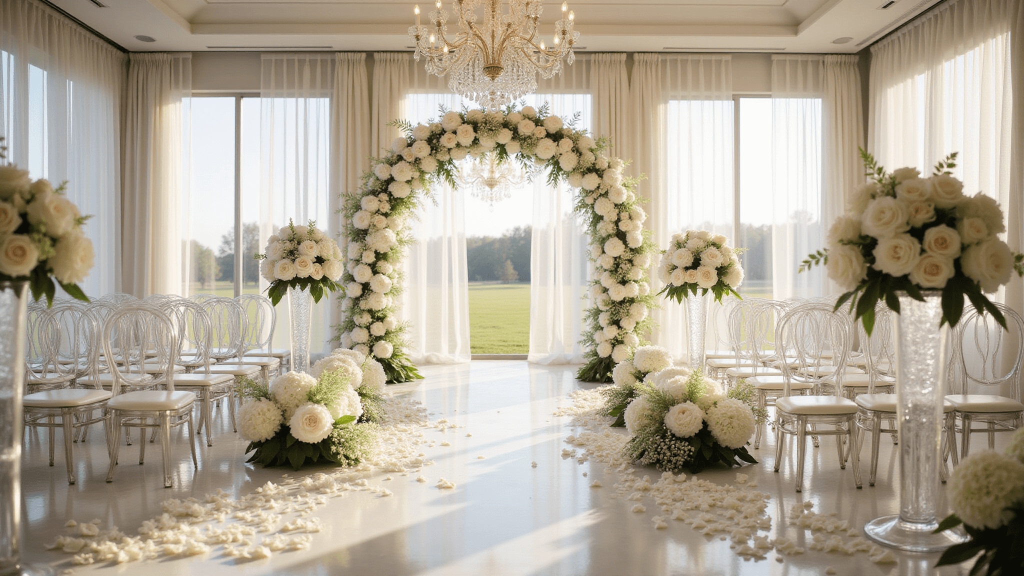 A luxurious ballroom wedding ceremony with a white floral arch of peonies, roses, and baby's breath, set against sunlight-filled windows with drapery and chandeliers; ghost chairs along a marble aisle with rose petals.
