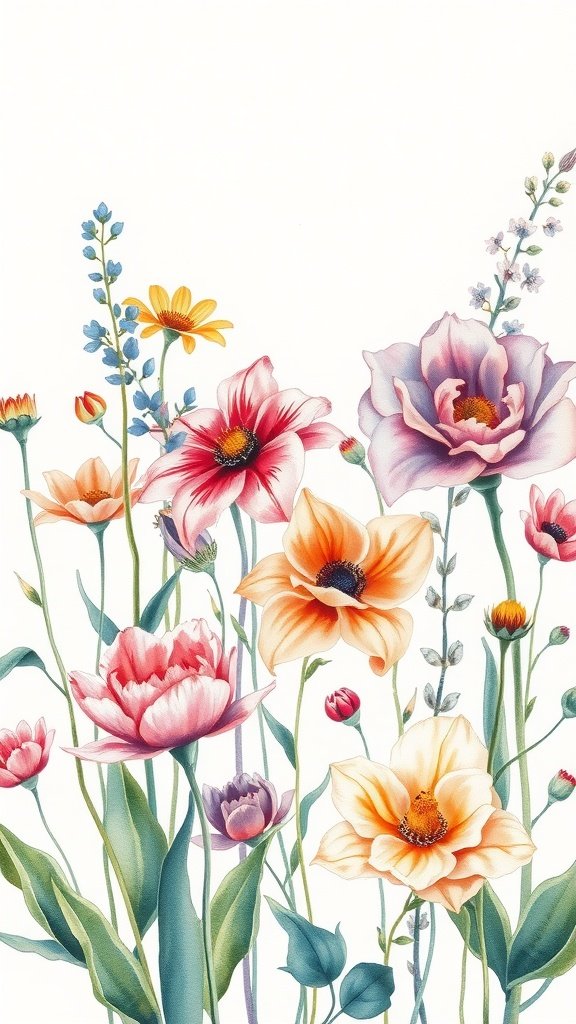 50 Stunning Flower Phone Wallpapers to Brighten Your Screen A vibrant floral watercolor illustration featuring various flowers in shades of pink, orange, and yellow.