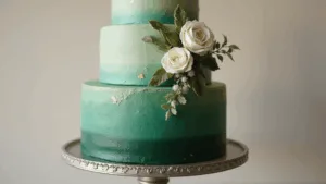 Emerald Dreams: The Ultimate Green Wedding Cake Guide Photorealistic three-tier emerald green wedding cake with gold leaf accents, adorned with white garden roses and sugar flowers, displayed on a silver pedestal against a cream backdrop.