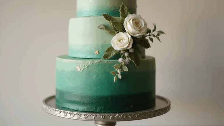 Photorealistic three-tier emerald green wedding cake with gold leaf accents, adorned with white garden roses and sugar flowers, displayed on a silver pedestal against a cream backdrop.