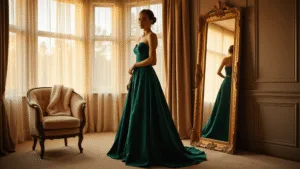A fashion-forward woman in a floor-length emerald velvet gown stands before a mirror in a warmly lit hotel suite, bathed in golden hour sunlight, with metallic gold stilettos and delicate jewelry, evoking a luxurious atmosphere.