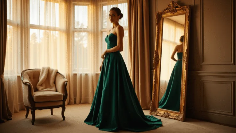 A fashion-forward woman in a floor-length emerald velvet gown stands before a mirror in a warmly lit hotel suite, bathed in golden hour sunlight, with metallic gold stilettos and delicate jewelry, evoking a luxurious atmosphere.