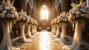 Wide-angle shot of a grand cathedral wedding aisle adorned with cascading floral arrangements, golden hour sunlight streaming through stained glass windows, and scattered rose petals, all captured in photorealistic detail.