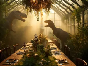 A photorealistic image of a dinosaur-themed birthday party in an enchanted greenhouse at golden hour, featuring dinosaur silhouettes, elegant tables with moss and fern decor, botanical chandeliers, and a sandbox excavation station for children.