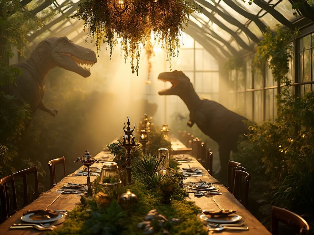A photorealistic image of a dinosaur-themed birthday party in an enchanted greenhouse at golden hour, featuring dinosaur silhouettes, elegant tables with moss and fern decor, botanical chandeliers, and a sandbox excavation station for children.