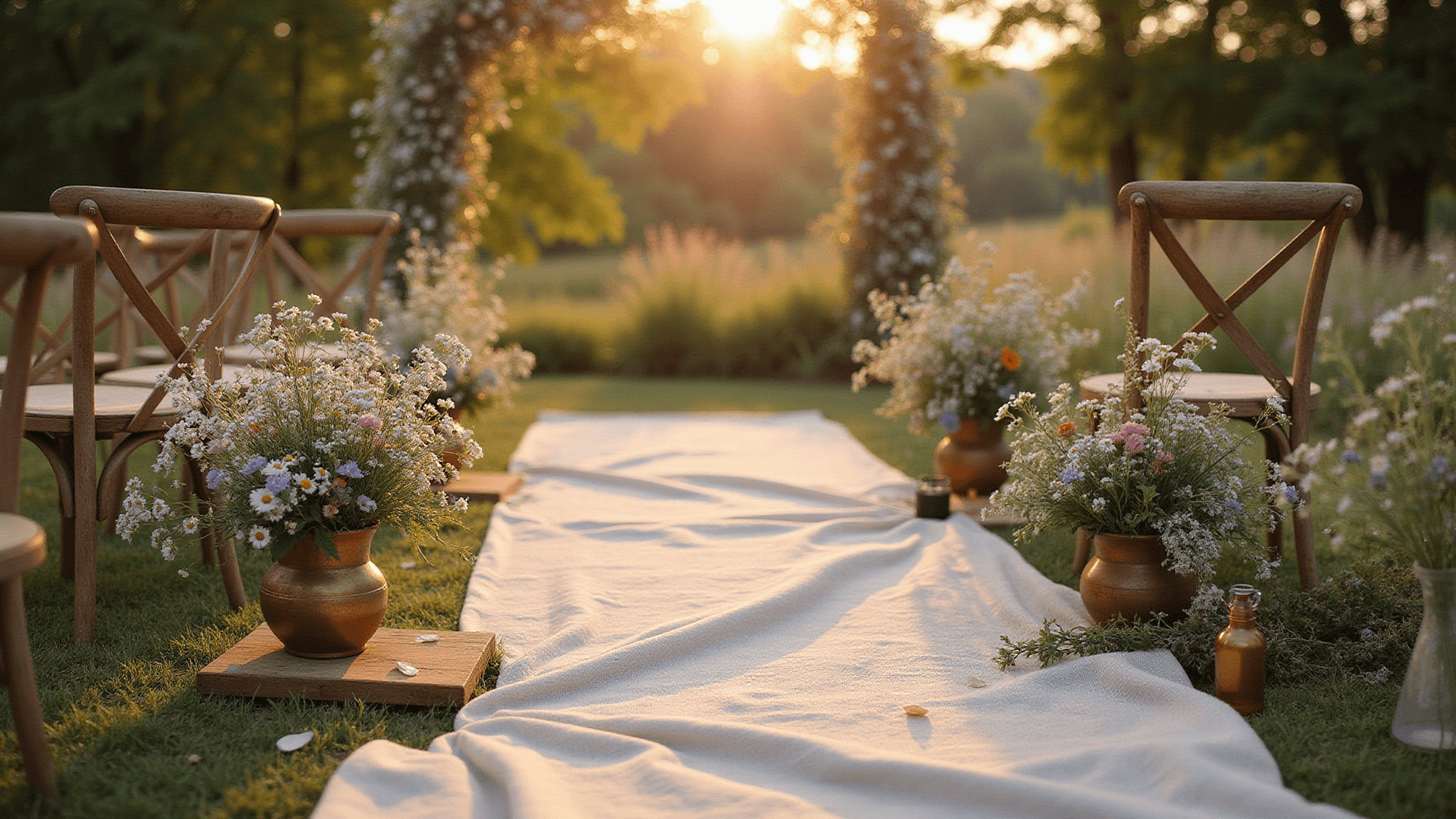 Cinematic golden-hour photograph of a whimsical garden wedding ceremony with a flower-lined aisle, vintage brass vessels, and weathered wooden chairs, all illuminated by warm sunset light and fairy lights.