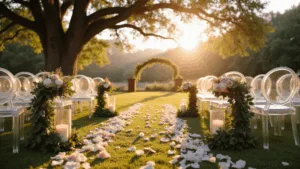 Cinematic wide-angle shot of a romantic garden wedding aisle at golden hour, featuring ghost chairs with eucalyptus garlands, flickering candlelight, and blush rose petals, under an oak tree canopy with a dreamy bokeh background.