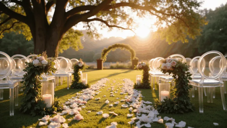 Cinematic wide-angle shot of a romantic garden wedding aisle at golden hour, featuring ghost chairs with eucalyptus garlands, flickering candlelight, and blush rose petals, under an oak tree canopy with a dreamy bokeh background.